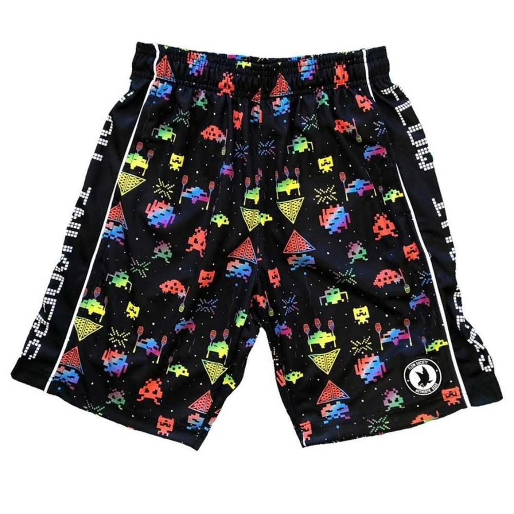 Flow Society Black Neon Arcade Print Kids Athletic Shorts- MISSING LOGO- Medium